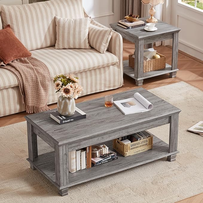 Farmhouse Coffee Tables for Living Room,Square Tea Table with Open Storage Shelf,Large Coffee Table,Rustic Wooden Center Table,Gray-Ruum Studio Home