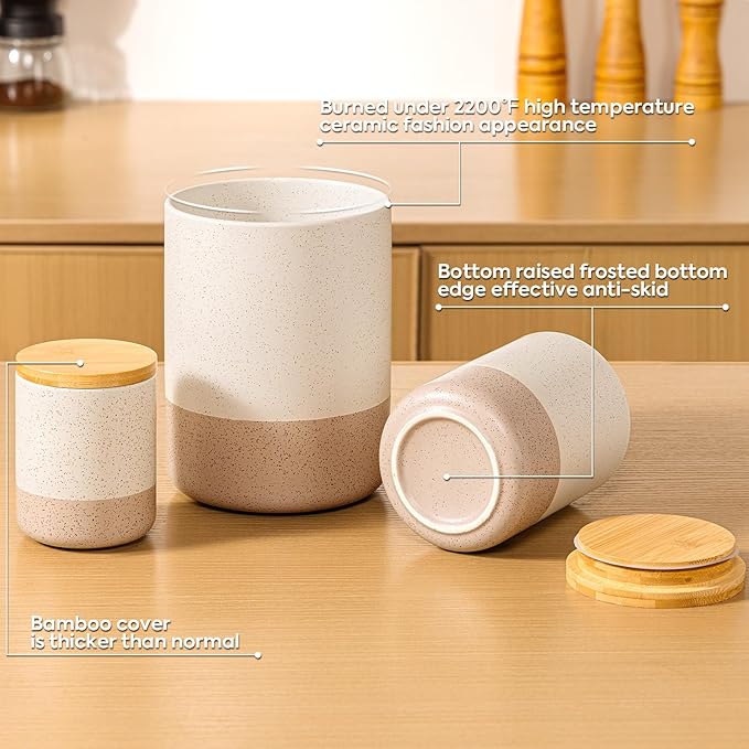 Yangbaga Canister Sets for Kitchen Counter, 80/40/20 OZ Large Ceramic Food Storage Jars with Airtight Wood Lids, Large Kitchen Canisters for Coffee, Sugar, Tea, Flour, Spice-Ruum Studio Home