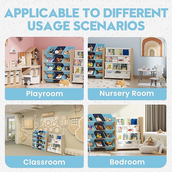 Kids Toy Storage Organizer - Toy Storage with Kids Bookshelf, Toy Organizer with 12 Blue Bins and 4 Book Shelves, Toy Organizers and Storage for Playroom, Nursery, Kids Room, Burlywood-Ruum Studio Home