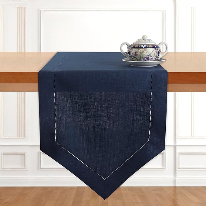D'Moksha Homes Navy Blue Linen Table Runner 120 Inches Long - 100% Pure Linen Diamond Table Runner 14 x 120 Inch for Dining, Fall and Halloween - Machine Washable-Ruum Studio Home