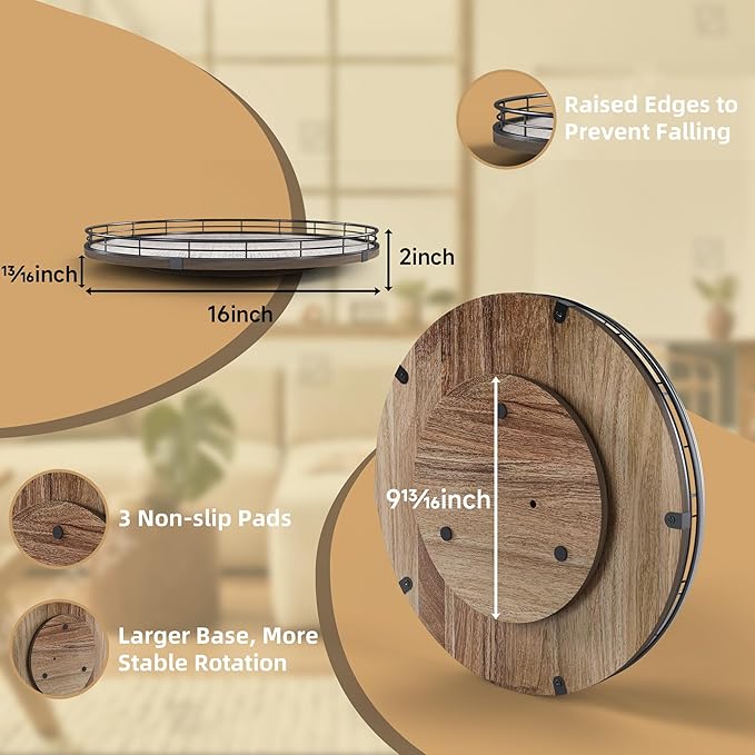 Acacia Wood 16" Lazy Susan Turntable Organizer for Table Top, Farmhouse Large Round Lazy Susan for Cabinet Kitchen Centerpieces Dining Table, for Condiments Charcuterie, Bathroom Vanity Tray Decor-Ruum Studio Home