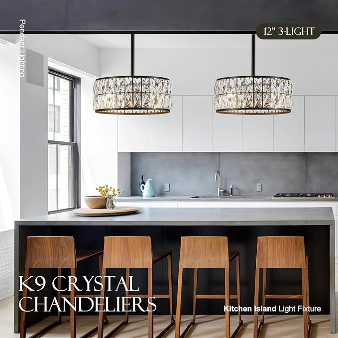 12” 3-Light Modern Crystal Chandeliers Black Dinning Room Light Fixture with Two Poles, Round Pendant Light Kitchen Island Chandelier, Flush Mount Ceiling Light for Living Room Entryway-Ruum Studio Home