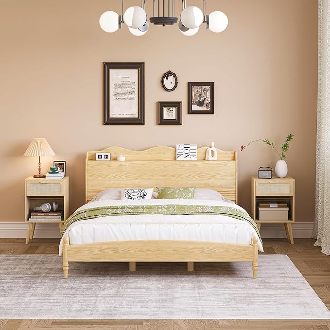 Rattan Nightstand with Opening Storage,Boho Bedside Table with Drawer,Wood Nightstand with Solid Wood Legs,End Side Table for Living Room,Bedroom,Small Space Natural CTG62Y-Ruum Studio Home