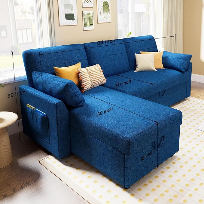 VanAcc Sleeper Sofa - 2 in 1 Pull Out Couch Bed with Storage Chaise for Living Room, Linen Blue-Ruum Studio Home