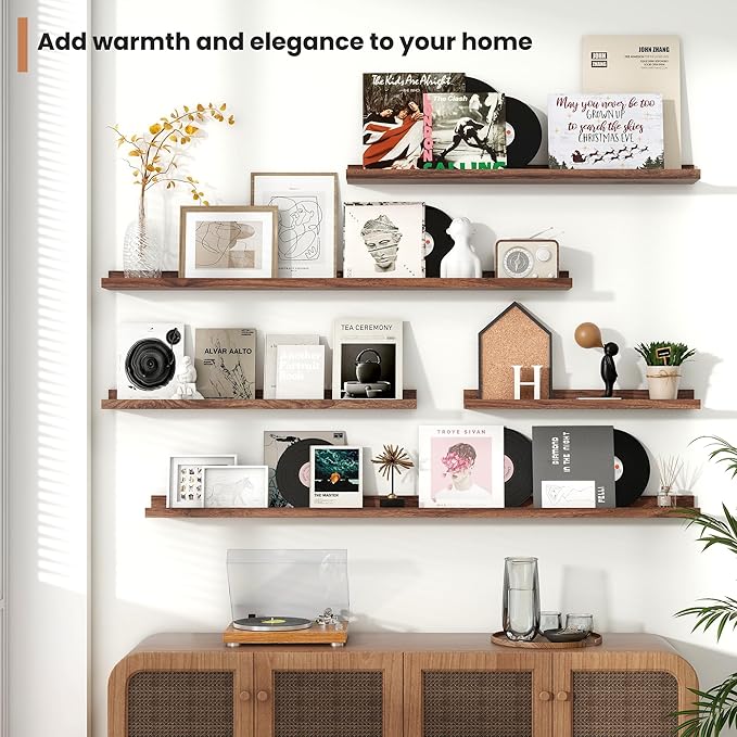 Fun Memories Picture Ledge Shelves Set of 2, 55 Inch Rustic Wall Mounted Floating Shelves with Lip for Home Storage and Décor in Bathroom, Kitchen, Nursery, Bedroom, Living Room, Walnut-Ruum Studio Home