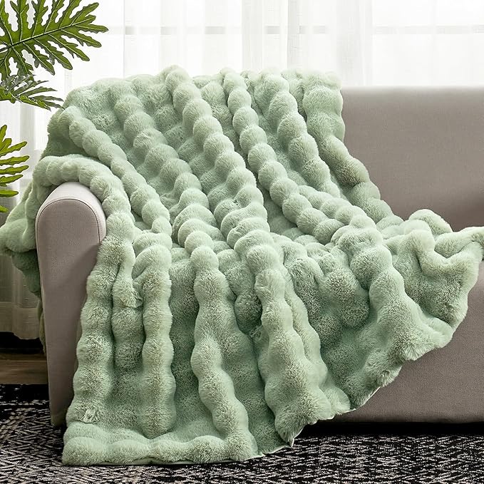 Cozy Bliss Faux Fur Throw Blanket for Couch, Fuzzy Soft Plush Thick Bubble Blanket for Sofa Bedroom Living Room, 50 * 60 Inches Sage Green-Ruum Studio Home