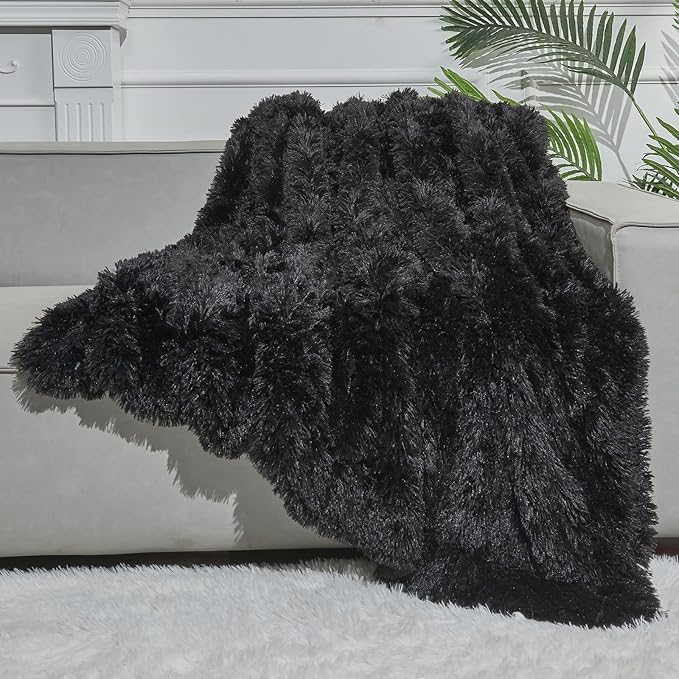 GONAAP Fuzzy Faux Fur Throw Blanket Twin Size Black Super Soft Cozy Plush Fuzzy Shaggy Blanket for Couch Sofa Bed (Black, Twin(60"x80"))-Ruum Studio Home