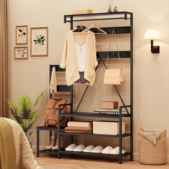 IDEALHOUSE Parent-Child Coat Rack Shoe Bench Hall Tree with Bench and Shoe Storage Industrial Coat Tree Entryway Large Organizer with Shoe Rack, Storage Cubbies, Hooks, and Top Shelf-Ruum Studio Home