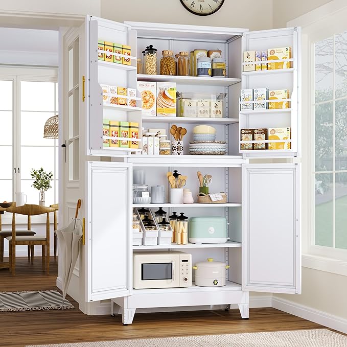 74.8" Tall Metal Food Cabinet, White Kitchen Pantry Cabinet, Storage Cabinets with 4 Door and 4 Adjustable Shelves, Steel Freestanding Cupboard for Kitchen Dining Room Living Room Bathroom-Ruum Studio Home