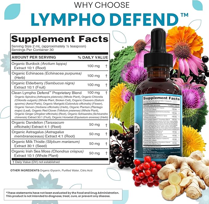 Organic Lymphatic Drainage Supplement | Lymphatic Support Drops | Burdock Root Echinacea Elderberry Dandelion Astragalus Milk Thistle Sea Moss Red Clover Cleanse Marigold Drop by Clean Nutra-Ruum Studio Home