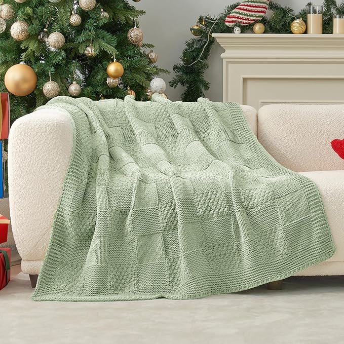 Amélie Home Chenille Knit Throw Blanket for Couch, Checkered Texture Decorative Soft Blanket for Sofa, Bed & Living Room, 50"x60", Sage Green-Ruum Studio Home