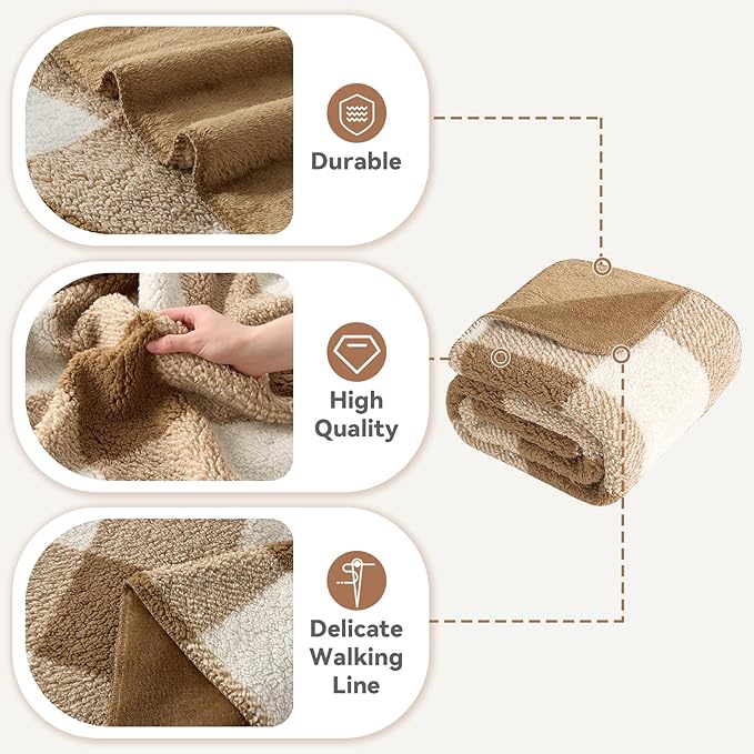 LURKA Checkered Sherpa Fleece Throw Blanket - Extra Thick and Warm Winter Soft Fuzzy Plush Blanket for Couches, Beds & Pets, Brown, 50x60 Inches-Ruum Studio Home