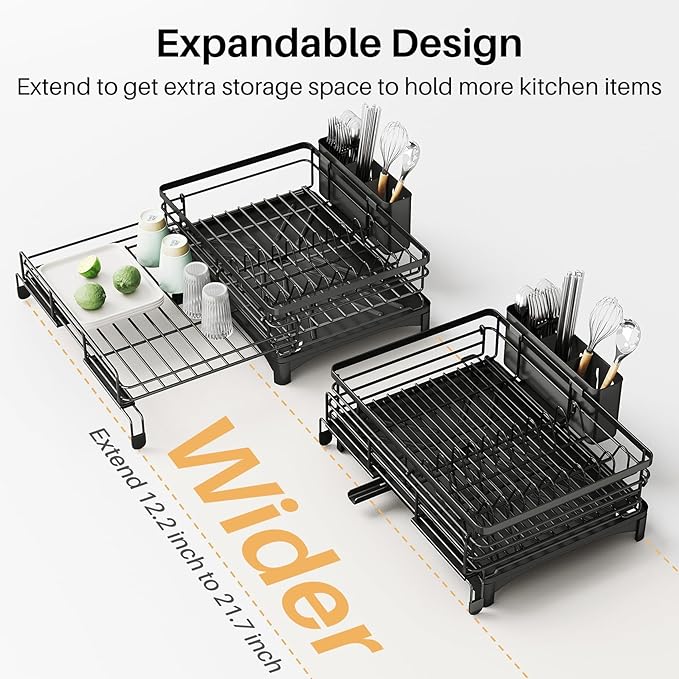 Dish Drying Rack - Extendable Dish Rack, Large Sink Drying Dish Drainer for Kitchen Counter, Stainless Steel Dish Strainer with Utensil Holder (Black)-Ruum Studio Home