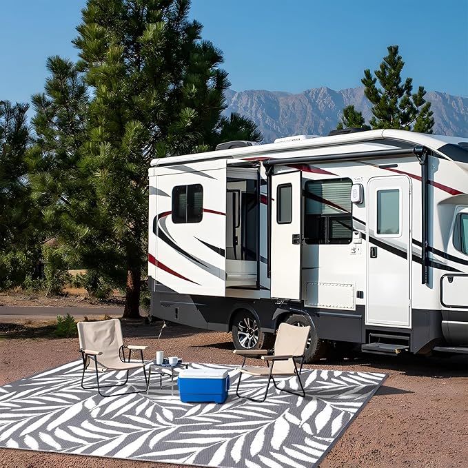 OLANLY Waterproof Outdoor Rug 9x12 ft, Reversible Outdoor Plastic Straw Rug with Leaf Pattern, RV Mat, Indoor Outdoor Carpet for Patio, Camping, Balcony, Deck, Backyard, Grey & White-Ruum Studio Home