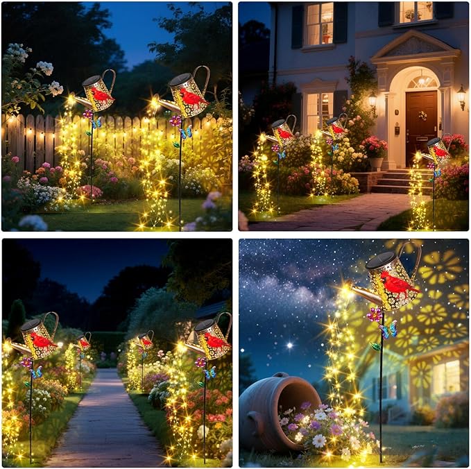 Solar Lights Outdoor Decorative, 39.4'' Metal Solar Watering Can Lights with Red Cardinal, Waterproof Garden Stake for Yard Lawn Patio Pathway Landscape, Gardening Gifts for Mom Grandma Women-Ruum Studio Home