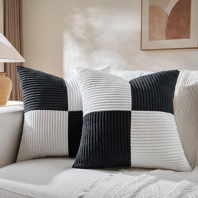 Fancy Homi Set of 2 Black White Samll Decorative Throw Pillow Covers 18x18 Inch with for Couch Bed Sofa Living Room, Soft Cross Patchwork Striped Corduroy Modern Square Cushion Case 45x45 cm-Ruum Studio Home