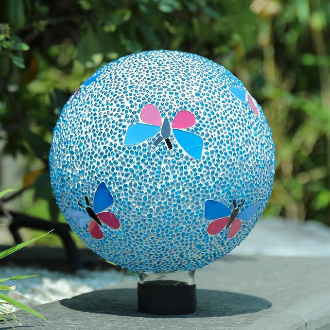 Gazing Ball 8 Inch Butterfly Glass Mosaic Garden Globe Outdoor Gazing Globe Yard Ornament for Garden Yard Home Lawn Outdoor Decoration Gift for Women (Not Solar Powered)-Ruum Studio Home