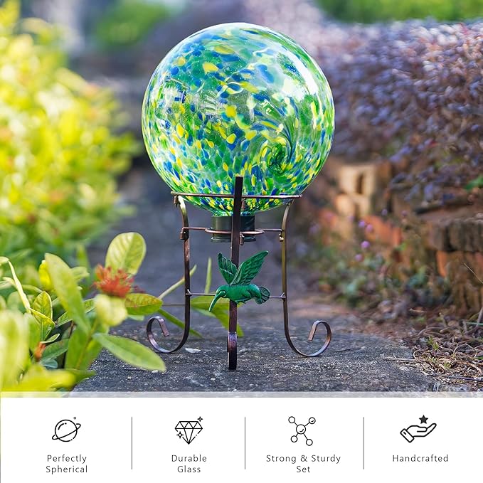 10 Inch Glass Gazing Ball, with 9.4" Tall Metal Gazing Globe Stand, Glass Balls Display Holder Set for Outdoor Garden Lawn Yard Decoration, Bright Summer Burst-Ruum Studio Home