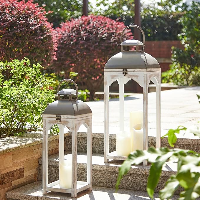 Glitzhome Set of 2 Mondern Farmhouse Wood Metal Lanterns Decorative Candle Lanterns, White (No Glass)-Ruum Studio Home