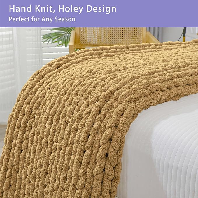 Bigacogo Chunky Knit Throw Blanket for Couch, 40x80 inches, 100% Hand Knitted with Thick Jumbo Chenille Yarn, Cozy Soft Large Rope Knot Cable Crochet Blankets for Sofa Bed Living Room, Goldenrod-Ruum Studio Home