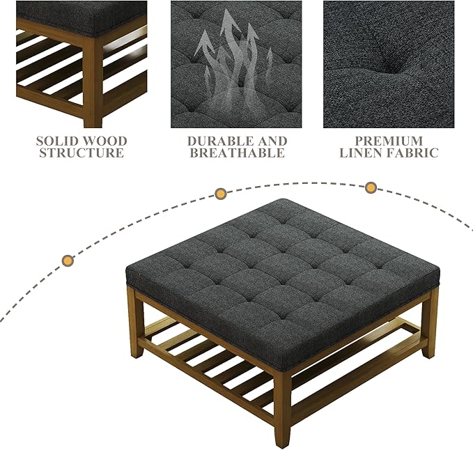 Large Square Ottoman Coffee Table, Linen Solid Upholstered Footrest Ottoman with Solid Wood Shelf Storage Tufted Coffee Table for Bedroom Living Room, Dark Gray-Ruum Studio Home