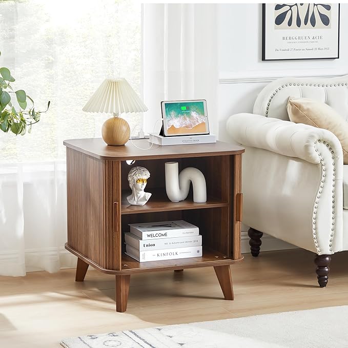AVZEAR 24" Large Square End Table with Charging Station, Farmhouse Fluted Sofa Side Table with Sliding Tambour Door & Storage, Curved Rustic Wood Nightstand for Living Room, Bedroom, Walnut-Ruum Studio Home