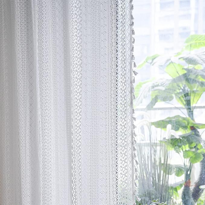 Sutuo Home Boho Sheer Curtain 108 Inches Long, Crochet Lace with Bohemian Hollow Knitted Handmade Tassels,Vintage Farmhouse Window Treatment for Bedroom, Rod Pocket, 1 Panel 59" W x 108" L, White-Ruum Studio Home