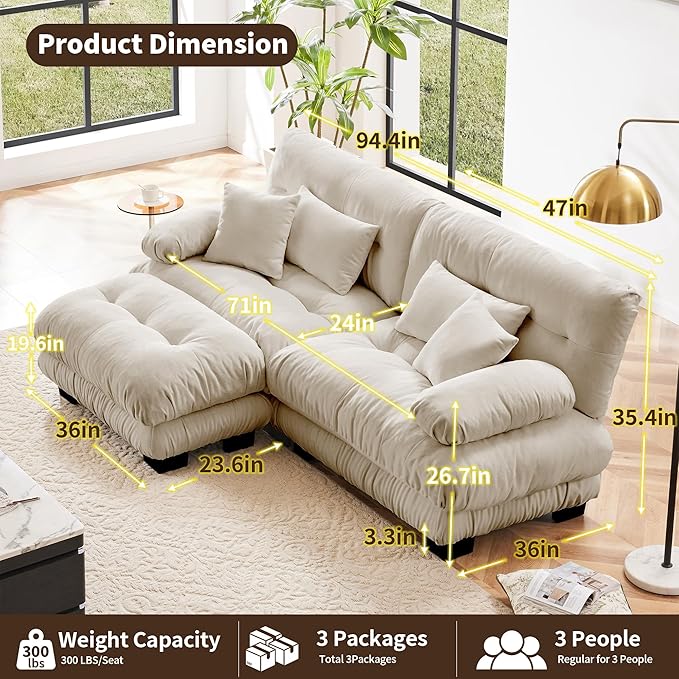 Modular Sectional Sofa, L Shaped Couch with Ottoman, 2 Seater Cloud Couch Small Couches for Small Spaces, Modern Deep Seat Sofa Living Room Oversized Loveseat W/Bolster Armrests 4 Pillows-Ruum Studio Home