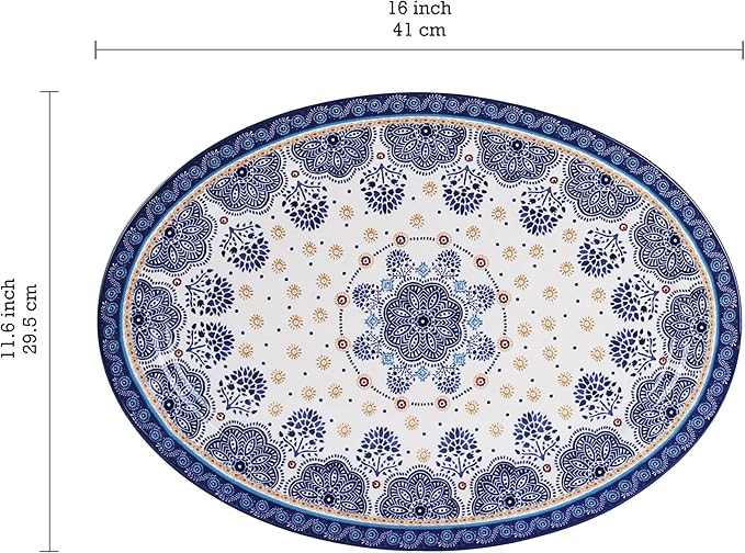 Bico Blue Talavera 16 plus 14 inch Oval Platters Set, Set of 2, Microwave and Dishwasher Safe, for Serving Fish, Chicken, Turkey-Ruum Studio Home