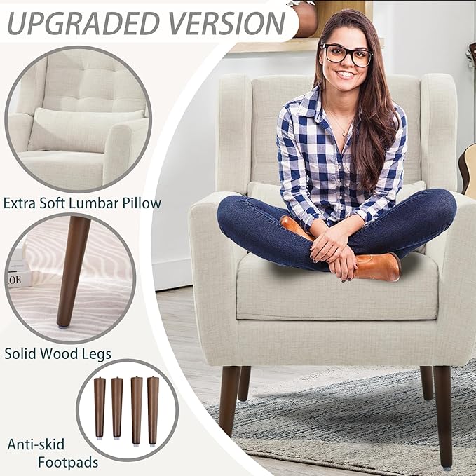 Modern Accent Chair, Upholstered Armchair with Pillow, Fabric Single Sofa Chair with Lounge Seat and Wood Legs Accent Chair for Living Room Bedroom Small Spaces (Beige, Set of 2)-Ruum Studio Home
