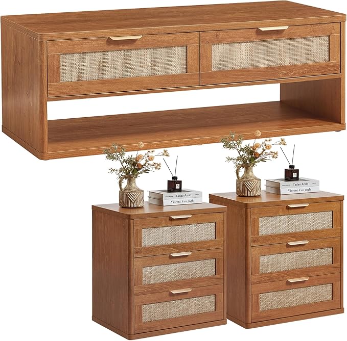 LEYAOYAO Boho Rattan Coffee Table and End Table Sets, 48" Wide Center Tables & 23" Night Stand with 3 Drawers, Brown Wood Coffee Table for Living Room 3 Piece Set-Ruum Studio Home