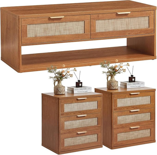 LEYAOYAO Boho Rattan Coffee Table and End Table Sets, 48" Wide Center Tables & 23" Night Stand with 3 Drawers, Brown Wood Coffee Table for Living Room 3 Piece Set-Ruum Studio Home