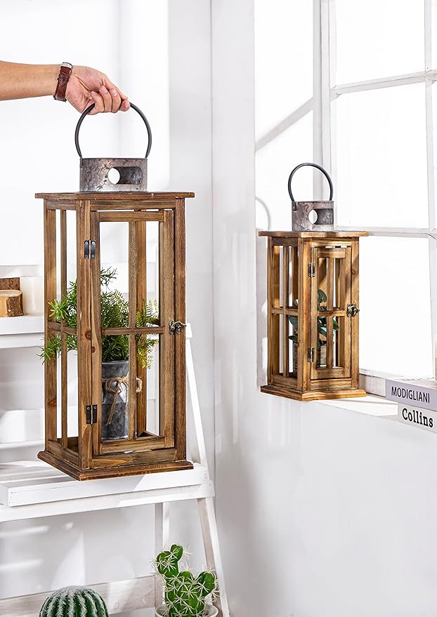 TIMRIS Large Farmhouse Wooden Metal Lantern Set of 2, Rustic Decorative Floor Candle Lanterns, Vintage Distressed Hanging Lanterns for Home Décor (No Glass)-Ruum Studio Home