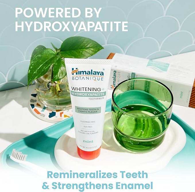 Himalaya Botanique Whitening + Hydroxyapatite Toothpaste for Whiter Teeth & Fresher Breath, Fights Plaque with Hydroxyapatite Support & Mint Flavor, Fluoride Free, SLS Free, & Vegan, 4.0 oz, 4 Pack-Ruum Studio Home
