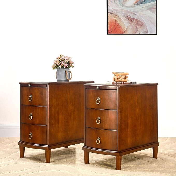 Set of 2 Solid Wood End Table with 3 Drawers, Fully Assembled Nightstand with Sliding Shelf, Pre-Assembled Vintage Wooden Beside Tables In Cherry Brown for Small Space,13.4*22.4*22.6in-Ruum Studio Home