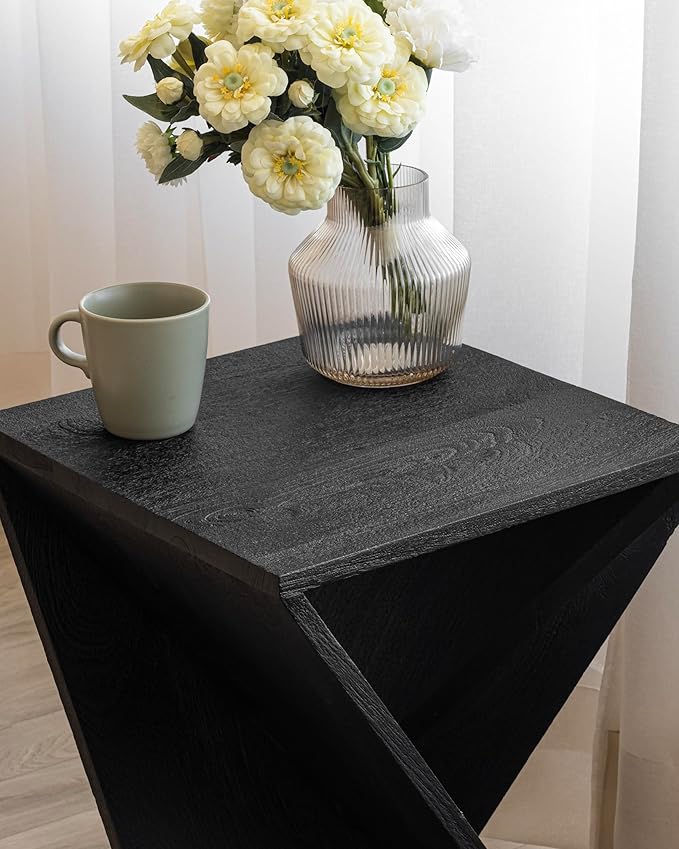 Modern Hand Made One-of-a-Kind Carved Mango Wood End Table, Farmhouse Side Table,Farmhouse End Table,Living Room,Bedroom, Accent Table, Contemporary Architectural Designed Black,Assembled-Ruum Studio Home