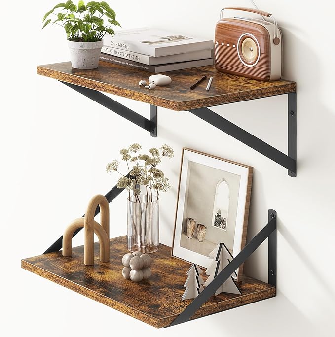 10 Inch Deep Floating Shelves, Floating Shelf 16 Inch Long, 16"W x 10"D Wall Shelves Set of 2, Deep Shelf for Books, Wide Floating Shelves for Bahtoom, Living Room, Kitchen, Rustic Brown-Ruum Studio Home