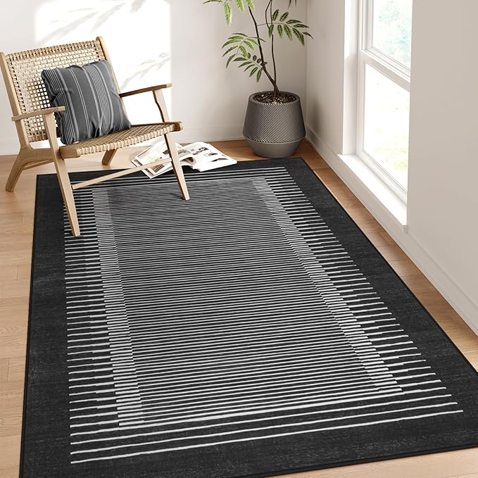 Wonnitar Washable Striped 5x7 Washable Area Rug, Non-Slip Black Berber Stripe Rugs for Living Room, Low Pile Minimalist Floor Carpet Rugs for Bedroom Dining Room Home Office (Black,5' x 7')-Ruum Studio Home