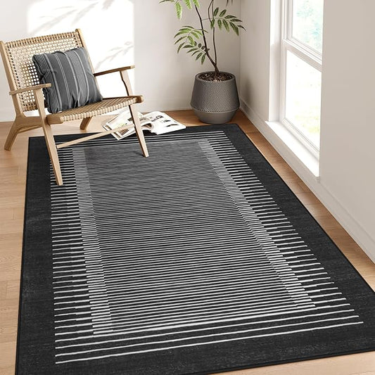 Wonnitar Washable Striped 5x7 Washable Area Rug, Non-Slip Black Berber Stripe Rugs for Living Room, Low Pile Minimalist Floor Carpet Rugs for Bedroom Dining Room Home Office (Black,5' x 7')-Ruum Studio Home