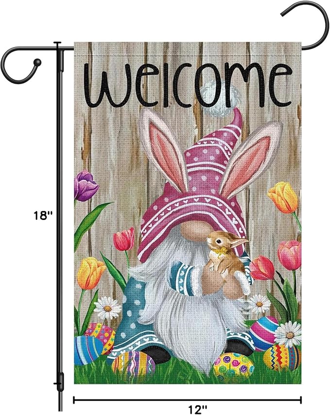 Welcome Easter Gnome Garden Flag 12x18 Double Sided Burlap, Funny Bunny Floral Small Yard Flag Banner for Holiday Farmhouse Outdoor Decor (ONLY FLAG)-Ruum Studio Home