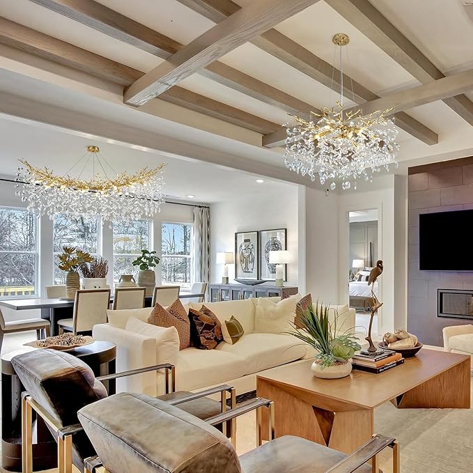 Modern Crystal Gold Chandelier, 55" Large Rectangular Oval Tree Branch Crystal Chandeliers for Dining Room,16-Light Flush Mount K9 Crystal Chandeliers, for Kitchen Island,Dining Room-Ruum Studio Home
