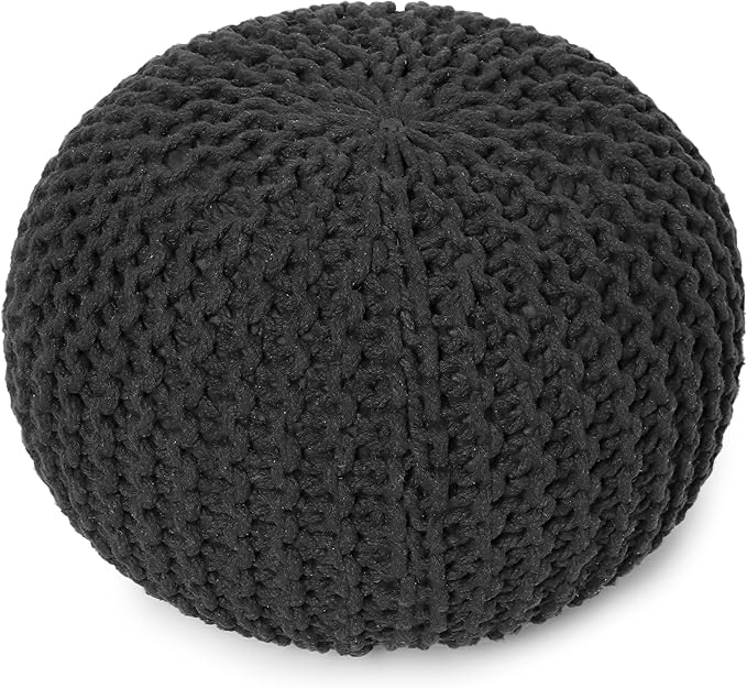 REDEARTH Round Pouf Foot Stool Ottoman - Cotton Hand Knitted Dori Pouffe - Cord Boho Home Décor - Stuffed Cable Poof for Living Room - Bedroom (19.5"x19.5"x14") - Dark Gray-Ruum Studio Home