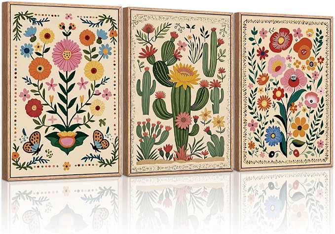 HLNIUC Vintage Flower Framed Canvas Wall Art,Colorful Desert Cactus Flower Wall Decor Set of 3(16”x24”)Boho Botanical Floral Butterfly Wall Painting,Large Desert Plant Art Print for Living Room,Office-Ruum Studio Home