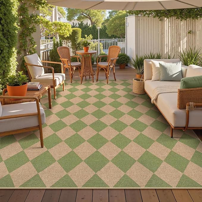 Lahome Checkered Dining Living Room Rug, 8x10 Washable Indoor Outdoor Easy Jute Rug, Farmhouse Neutral Diamond Non Slip Non Shedding Floor Carpet for Sunroom Deck Classroom Office-Ruum Studio Home