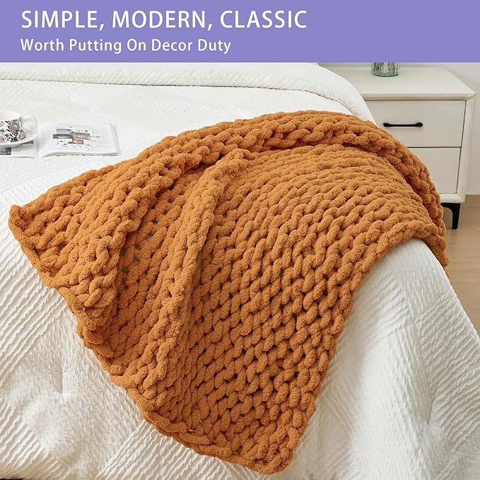 Bigacogo Chunky Knit Throw Blanket for Couch, 40x40 inches, 100% Hand Knitted with Thick Jumbo Chenille Yarn, Cozy Soft Large Rope Knot Cable Crochet Blankets for Sofa Bed Living Room, Burnt Orange-Ruum Studio Home