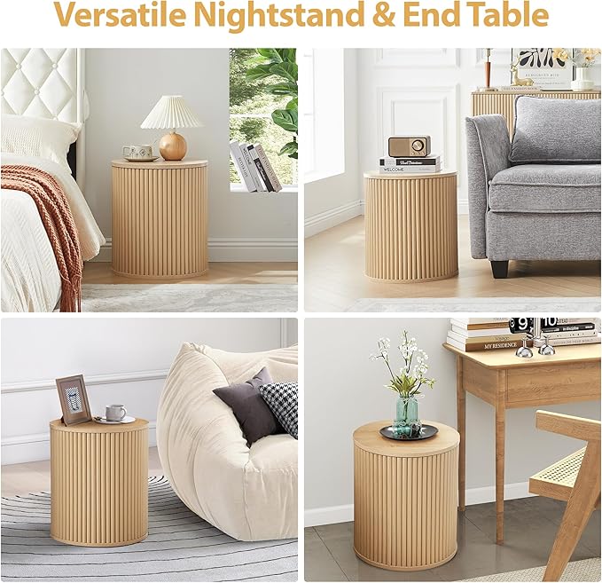 AVZEAR Small Round Side Table Fluted Night Stand Set of 2, Modern Boho End Table with Storage, Circle Bedside Tables Wood Nightstands for Small Spaces, Living Room, Bedroom (Nature)-Ruum Studio Home