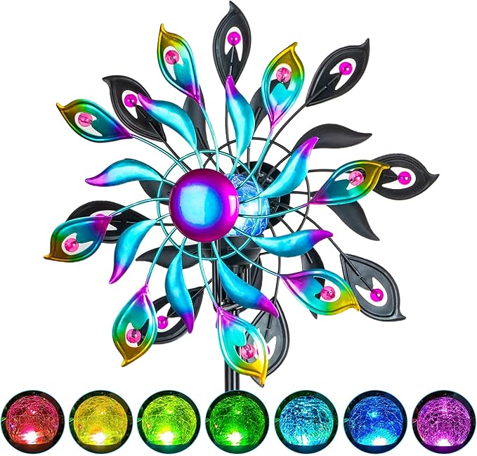 51.9" Peacock Solar Wind Spinner Outdoor Decor – Waterproof LED Lighted Garden Art with Adjustable Metal Pole, IP65 Weather Resistant for Yard, Patio-Ruum Studio Home