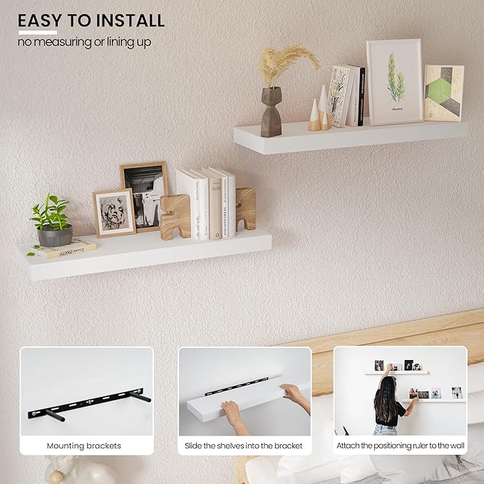 Floating Wood Shelves for Wall 24 Inches x 8”x 1.4” Shelf Floating Home Decor, Heavy Duty Shelf Hold 60 lbs, Wall Shelves for Bathroom Living Room Kitchen Bedroom Office - Set of 2 White-Ruum Studio Home