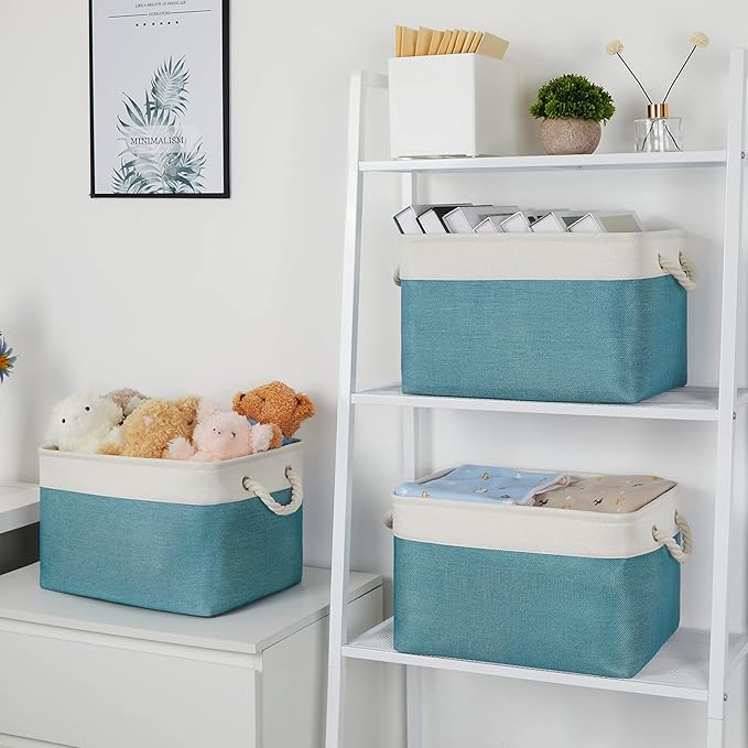 Bidtakay Basket Storage Bins with Handles Fabric Large Storage Baskets for Organizing Set of 3 Collapsible Rectangular Basket for Shelves Closet Organizer 15 X 11 X 9.5 Inches(White&Teal Blue)-Ruum Studio Home
