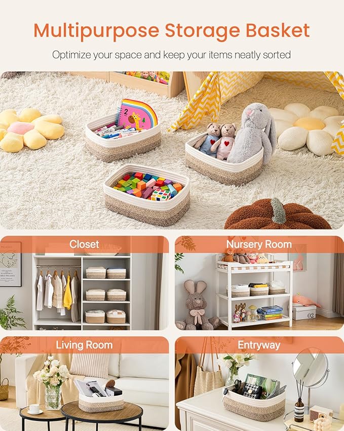 Small Woven Basket, 13.5 x 9.5 x 5 Inches, Storage Basket for Organizing, Cute Small Rope Shelf Closet Cube Storage Bins Baskets for Shelves, Dog Toy Gift Baskets Empty, 3 Pack Gradient Brown-Ruum Studio Home